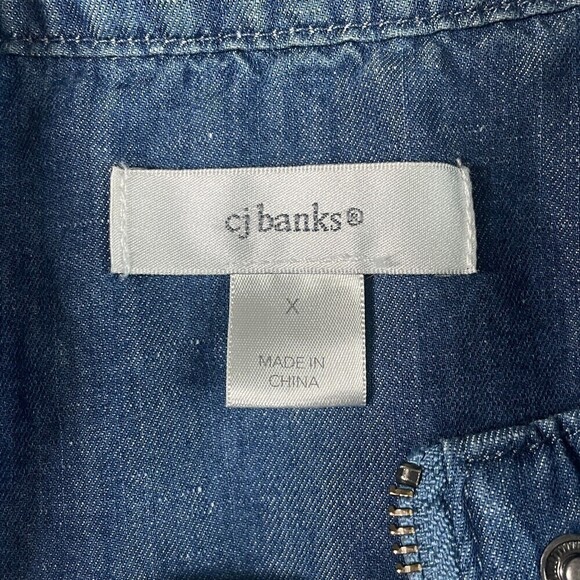 Cj Banks Plus X Chambray Chore Vest Pockets Zip Snap Blue Linen Blend Utility - Picture 2 of 9